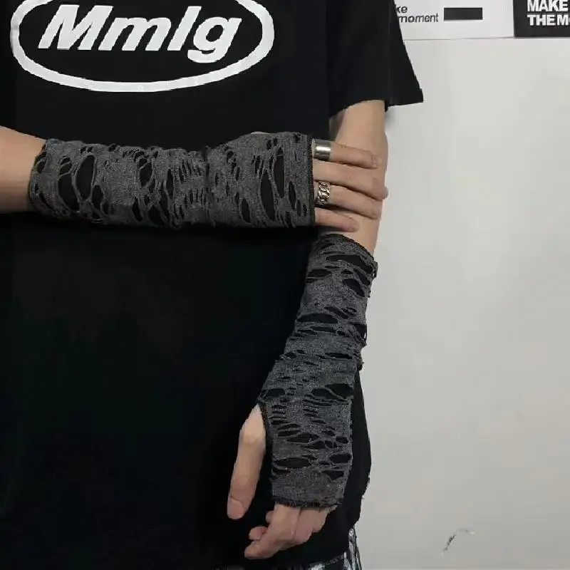 Punk Broken Slit Gothic Unisex Gloves with Holes Fingerless Cuff Ninja Sport Hole Mittens Cool Women Men Hollow Out Rock Gloves