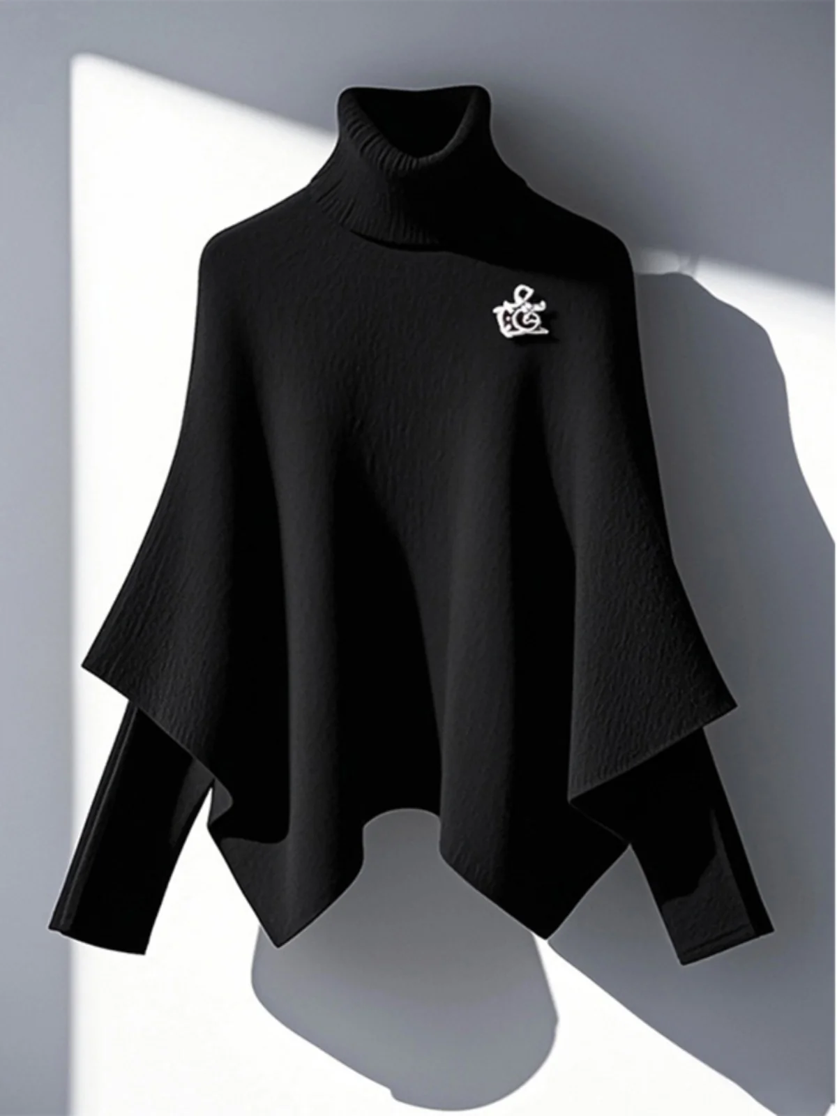 Winter Knitted Sweater Top Lazy High-End Black Fake Two-Piece Cloak Sweater Commute Style Slim Fit Long Sleeve Stand Collar