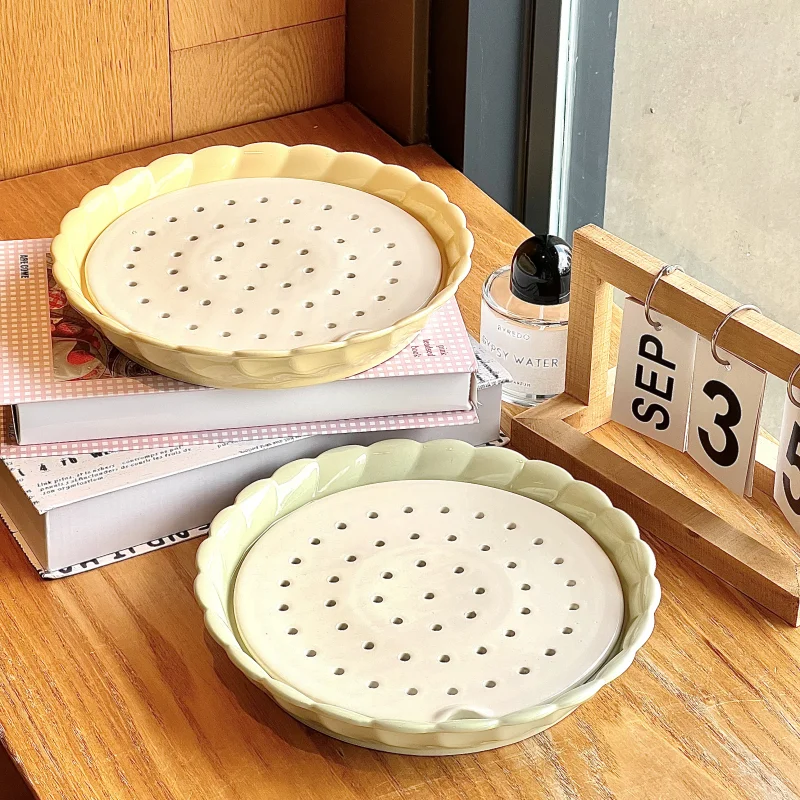 Ins Household Ceramic Dumpling Plate Korean Style Drain Double Layer Flower Plate Simple Multi Functional Tableware