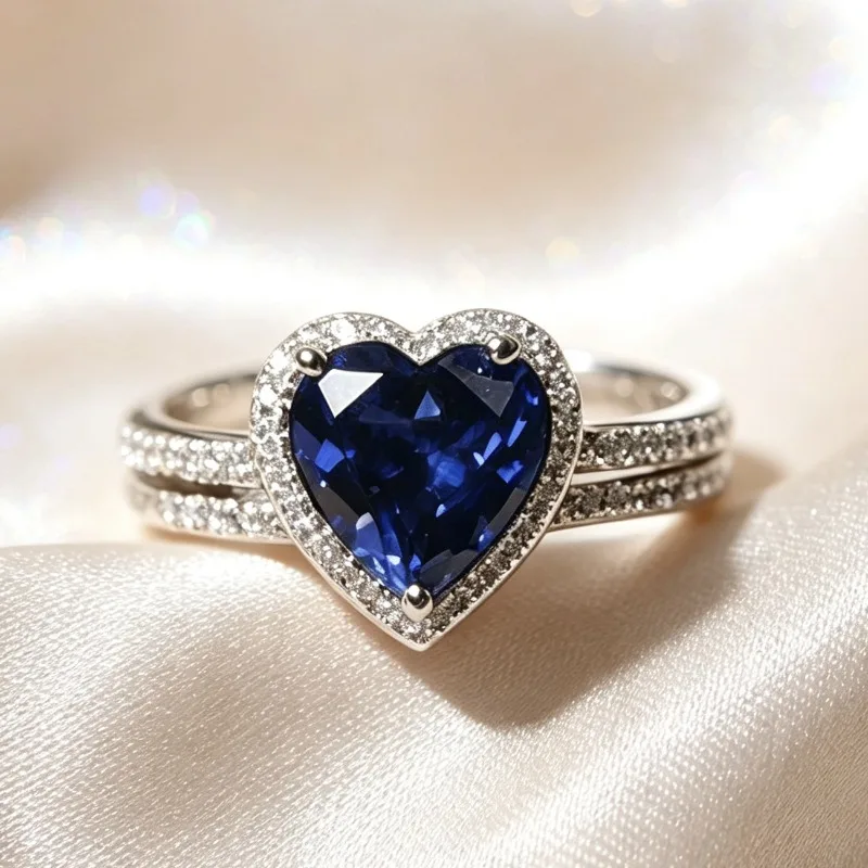 Jianjie Romantic Heart Shaped Blue Zircon Rings for Women Shining Wedding Party Bride's Promise Fashion Jewelry Accessories