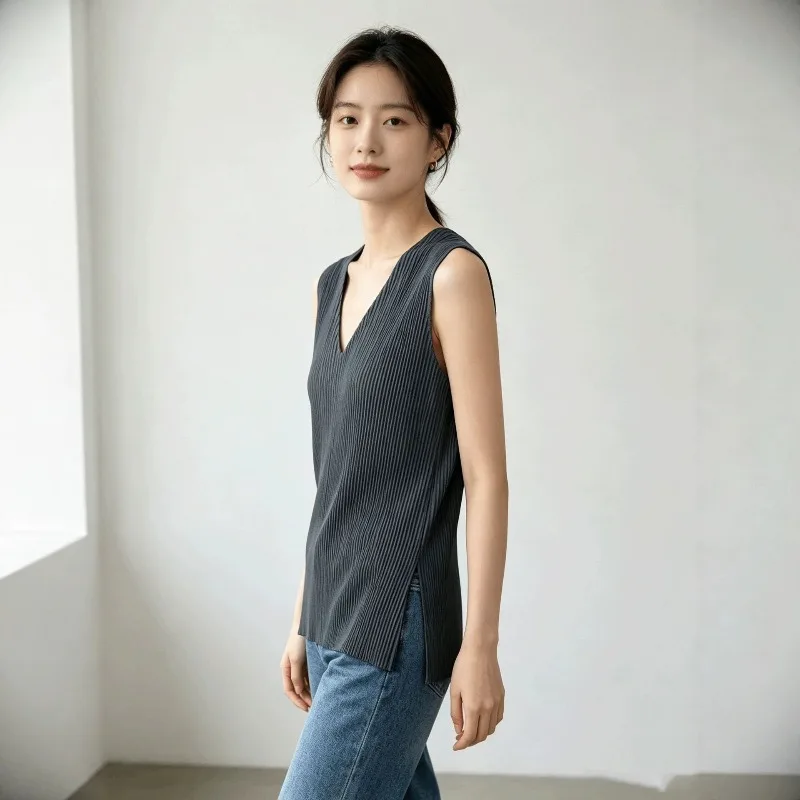 Miyake Pleated 2026 V-Neck Pleated Long Vest for Women Sleeveless Vertical Pleated Split Vest Loose Mid-Length Outerwear Top