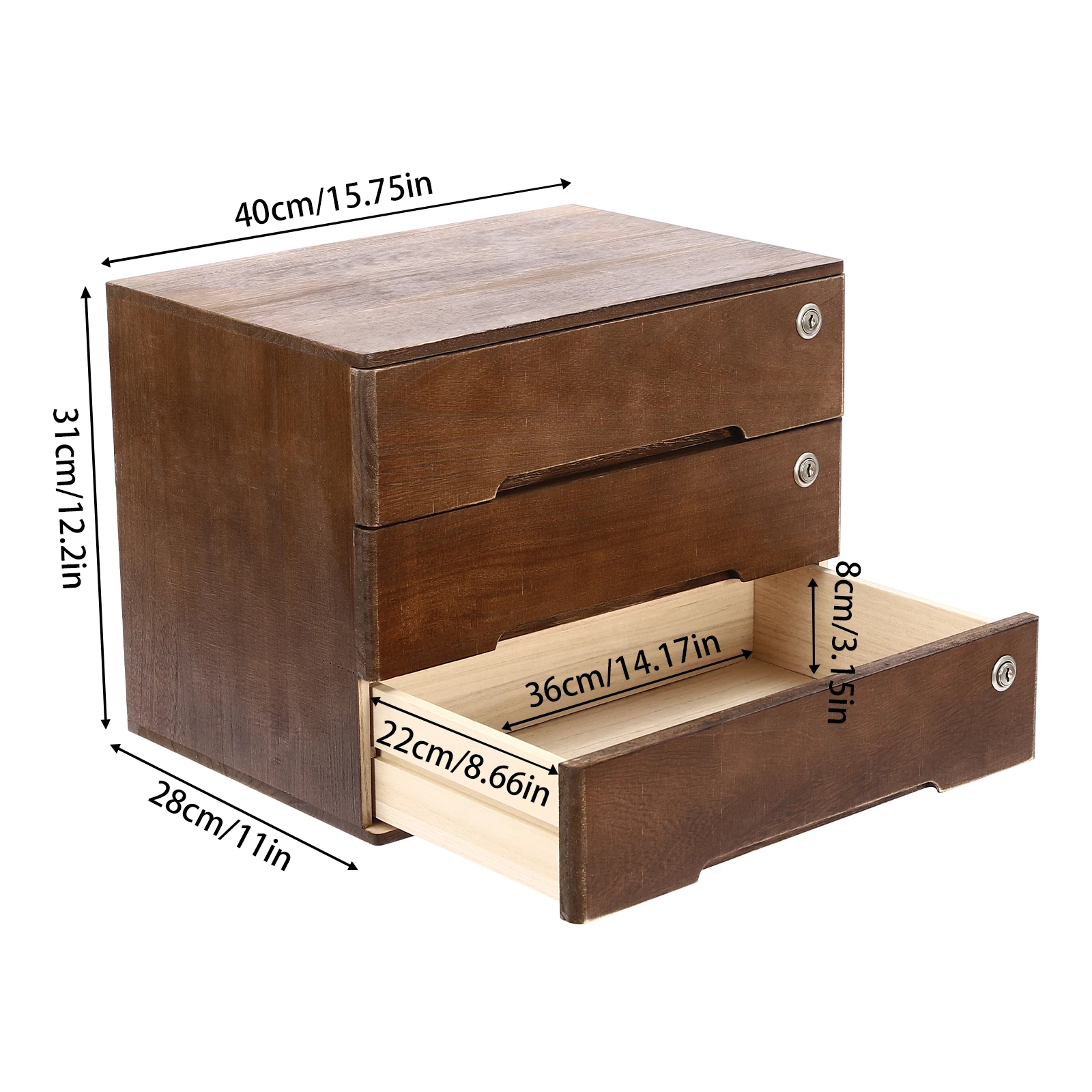 3 ลิ้นชักวอลนัทไม้ Desktop Storage กล่องสี่เหลี่ยมผืนผ้า Desk Organizer อุปกรณ์สํานักงานแฟ้ม Organizer 6 * ปุ่ม