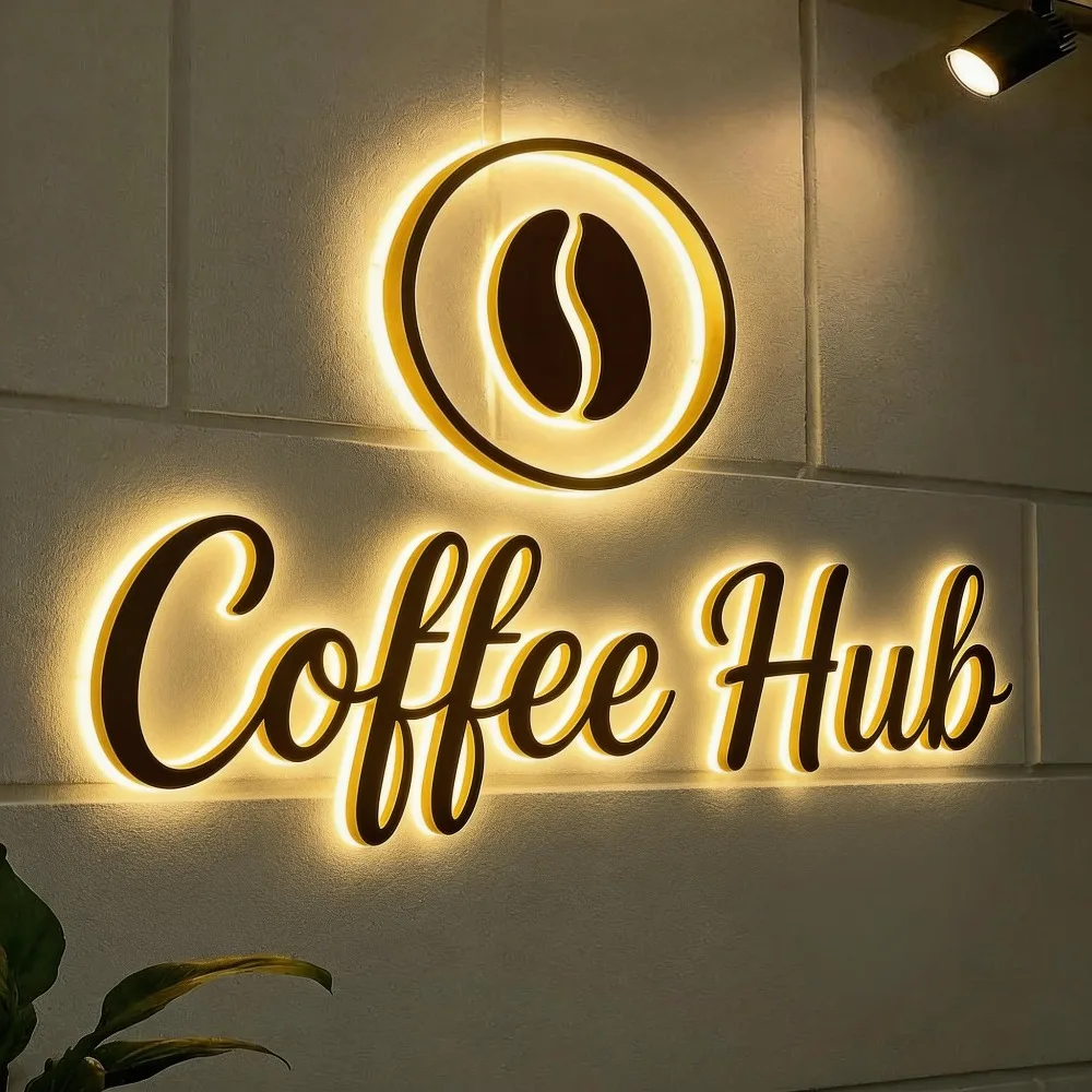 Custom 3D Metal Letter LED Wall Logo - Backlit Halo & Front Lit Coffee Shop Signage Business Decor for Indoor & Outdoor Cafe