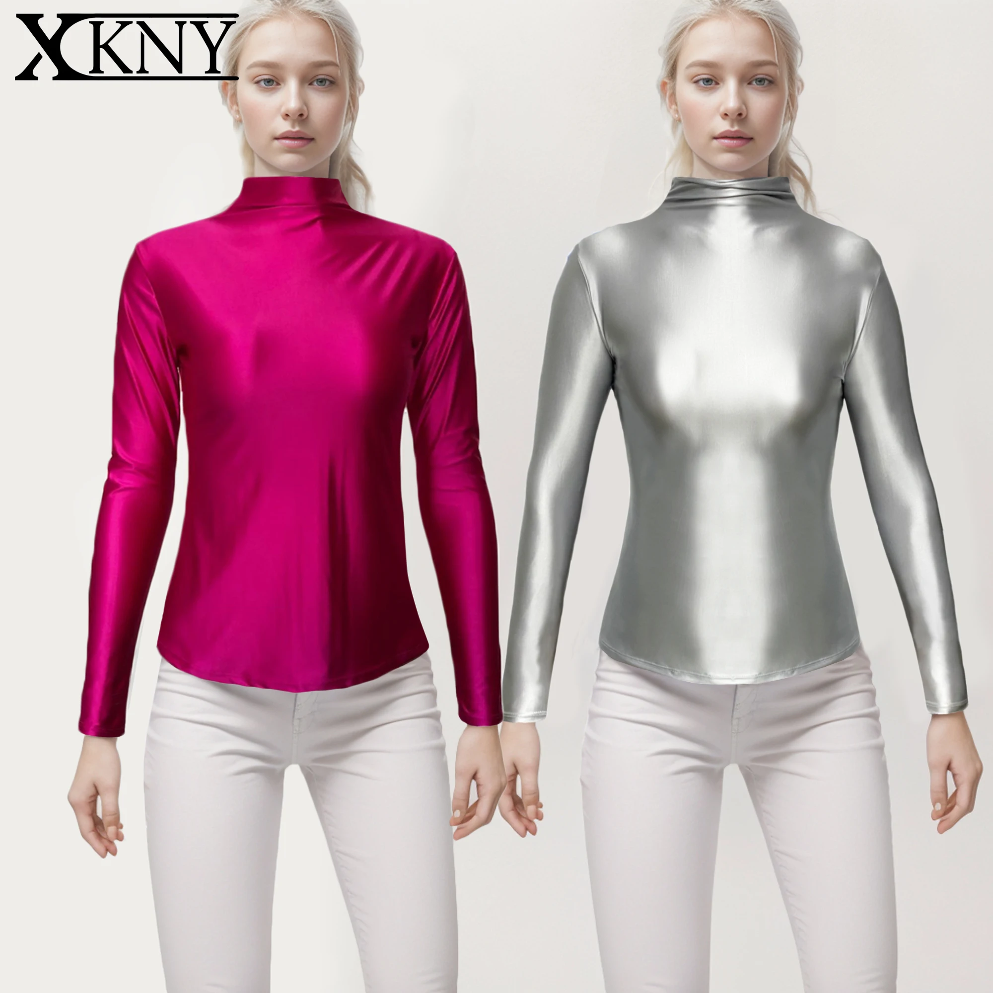 XCKNY satin glossy top sexy long sleeve high neck sports casual tight clothes sexy Yoga sportswear smooth multifunctional tights