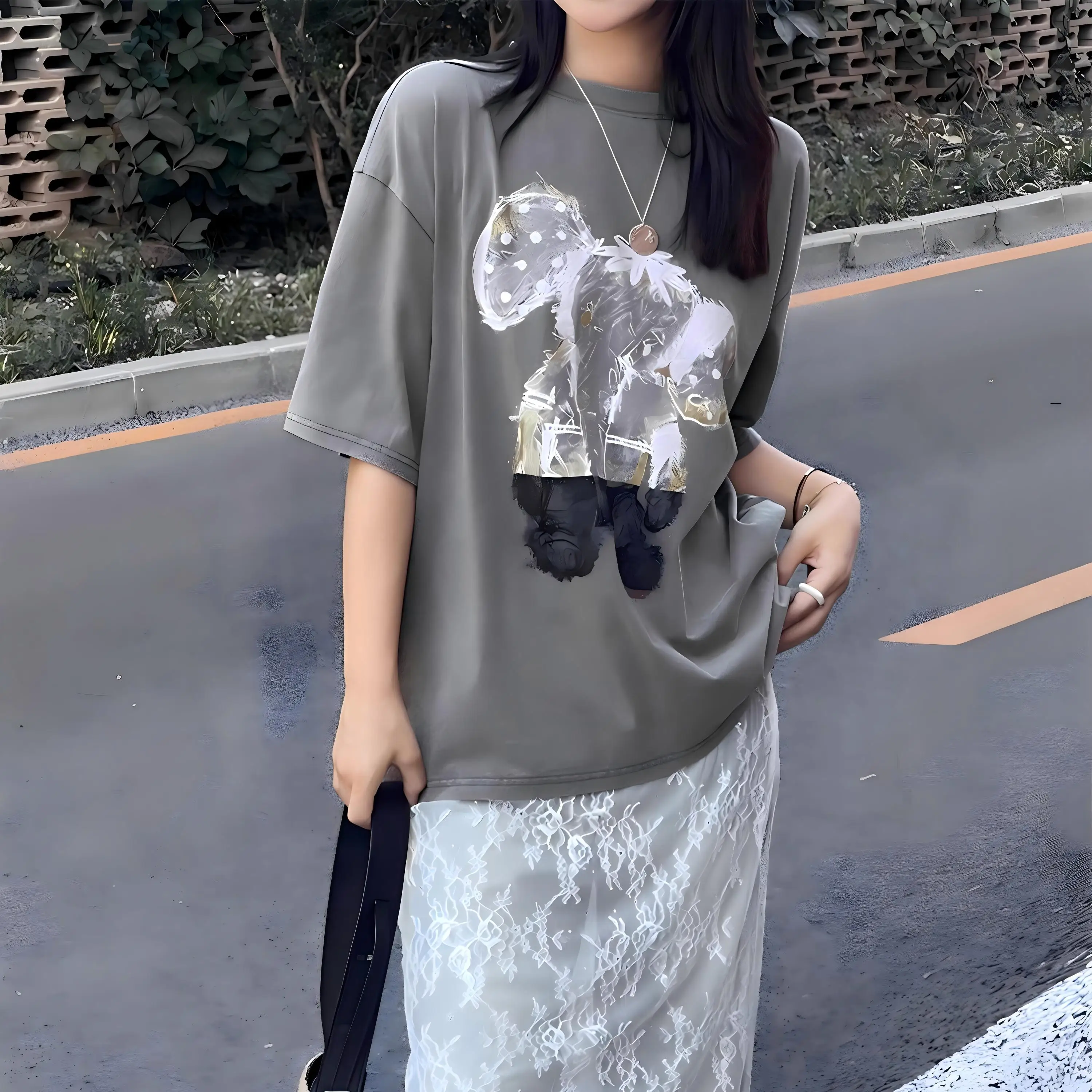 Vintage Grey Oversized T-shirt for Women, Cute Cartoon Elephant Print Casual Short Sleeve Tee, Loose Fit Streetwear Summer Tops