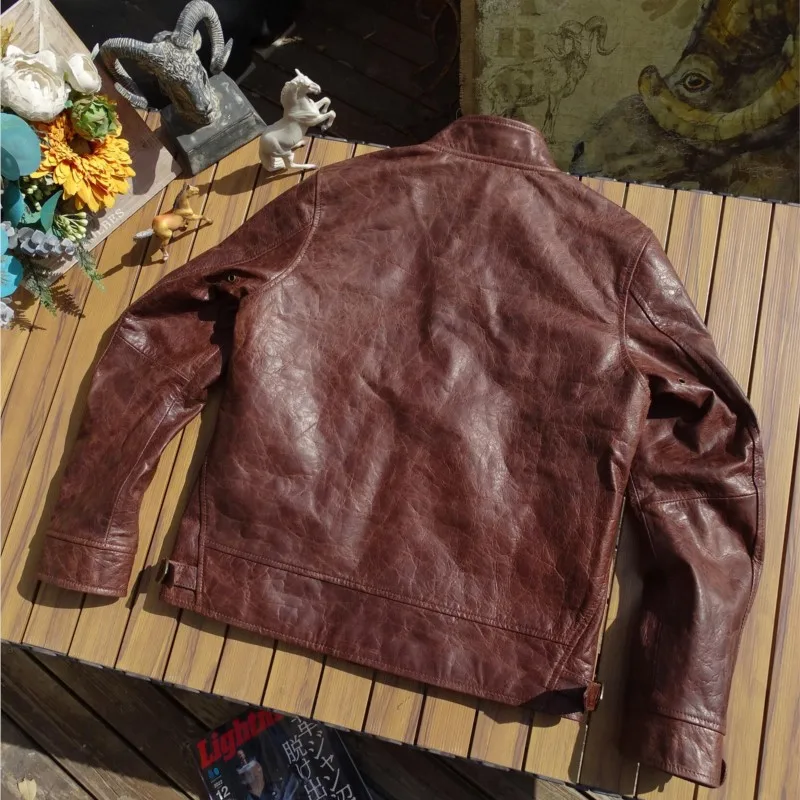 A thick and hard natural leather embossed made of casual  coat