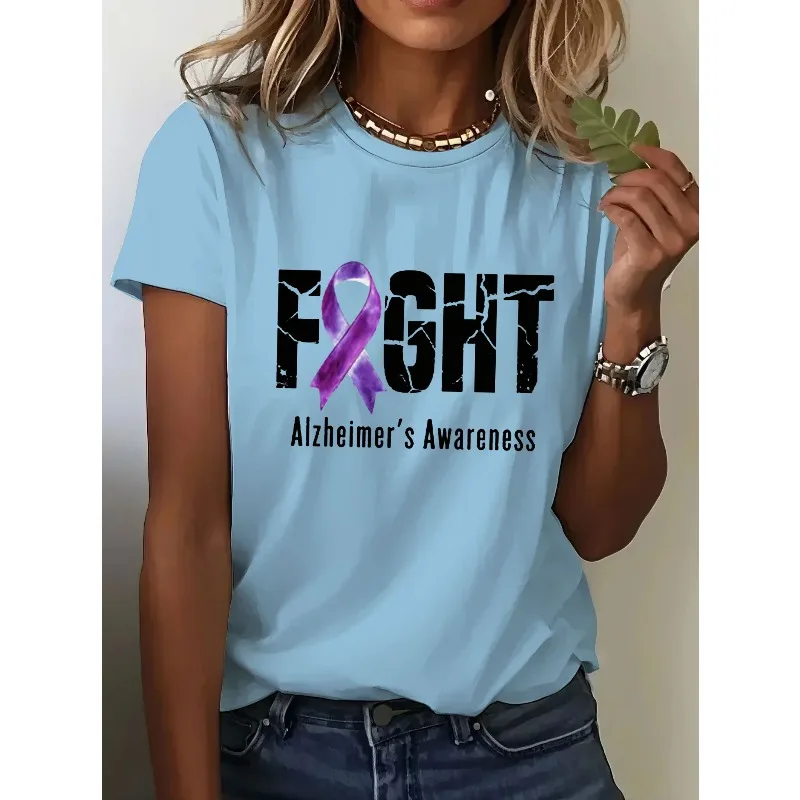 Women's Fight Alzheimer's Awareness Print Short Sleeve T-Shirts Summer Casual Tops Tees