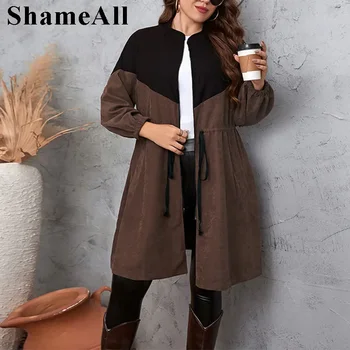 Plus Größe Kontrast Farbe Patchwork Lange Zipper Mäntel Frauen Herbst Lose Einstellen Taille Bandage Casual Outwear Braun Jacken