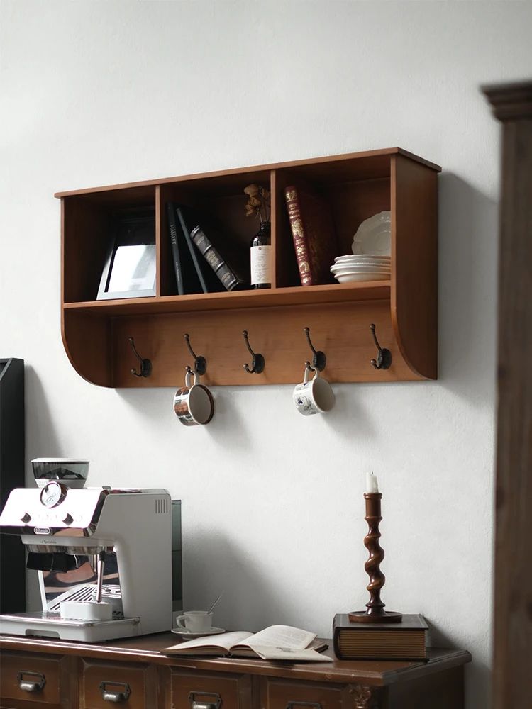 

Vintage Wooden Wall Cabinet Tea Cup Display Shelf Storage Organizer Kitchen Utensil Holder Home Decor Retro Wall Shelf