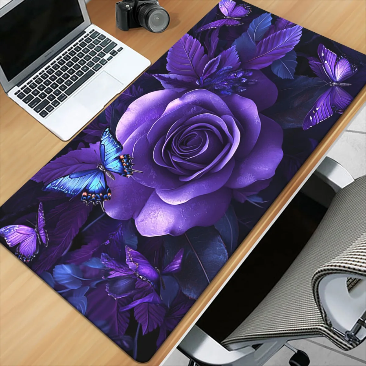 

Нескользящий резиновый коврик для мыши с изображением фиолетовой розы и бабочки, удлиненный, для офиса, ПК и ноутбуков