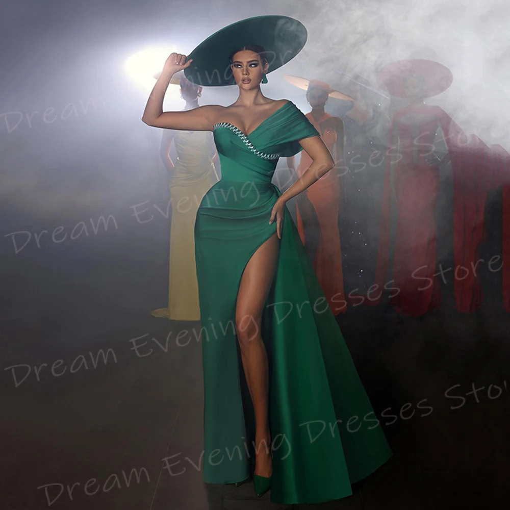 Robe de Soirée de Forme Sirène Verte pour Femme, Tenue de Bal Sexy à Manches Courtes, Fente Haute, Peu importe le Côté