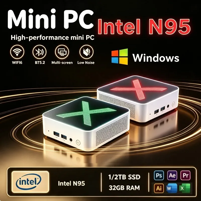 Core N95 Mini PC with WiFi6 BT5.2, 16GB RAM, 1/2TB SSD, Win11 Pro, 4K HD, Compact Desktop for Entertainment & Office Work.