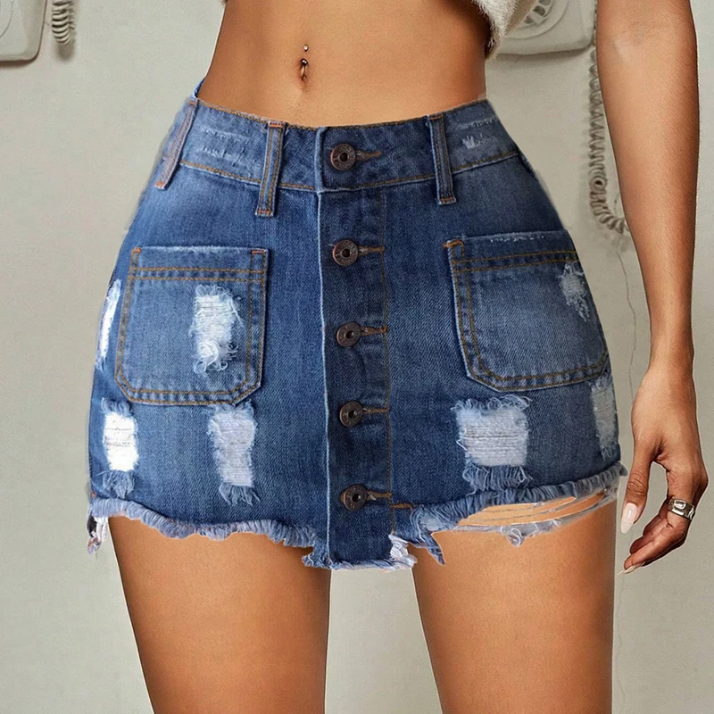 American Retro Denim Short Skirt for Women Summer Single Breasted Ripped A-Line Skirt 2026 New Slim Fit Hip Hugging Skirts