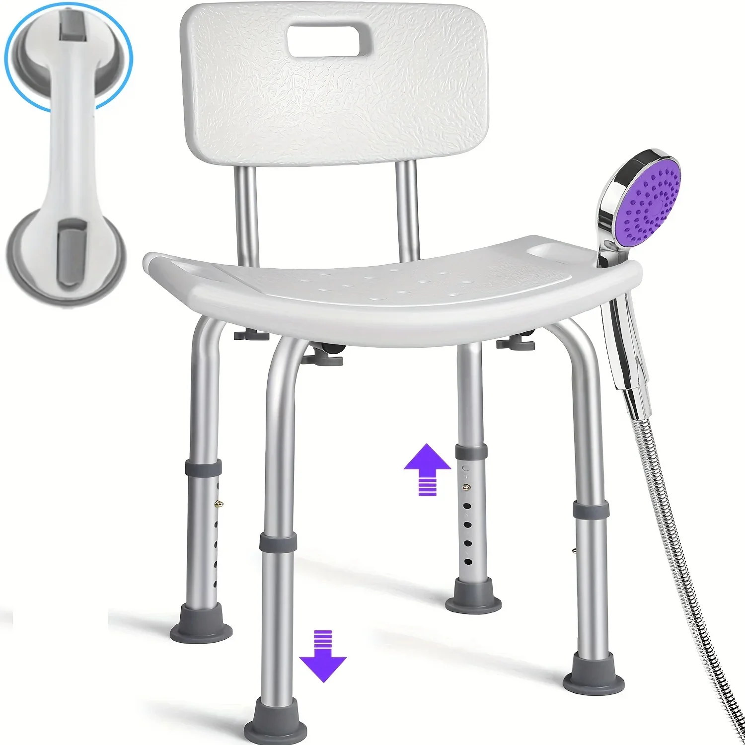 Supports Up To 350 Lbs Adjustable White Shower Chair With Backrest, Non-Slip Feet, Grab Bar, And Shower Head Holder