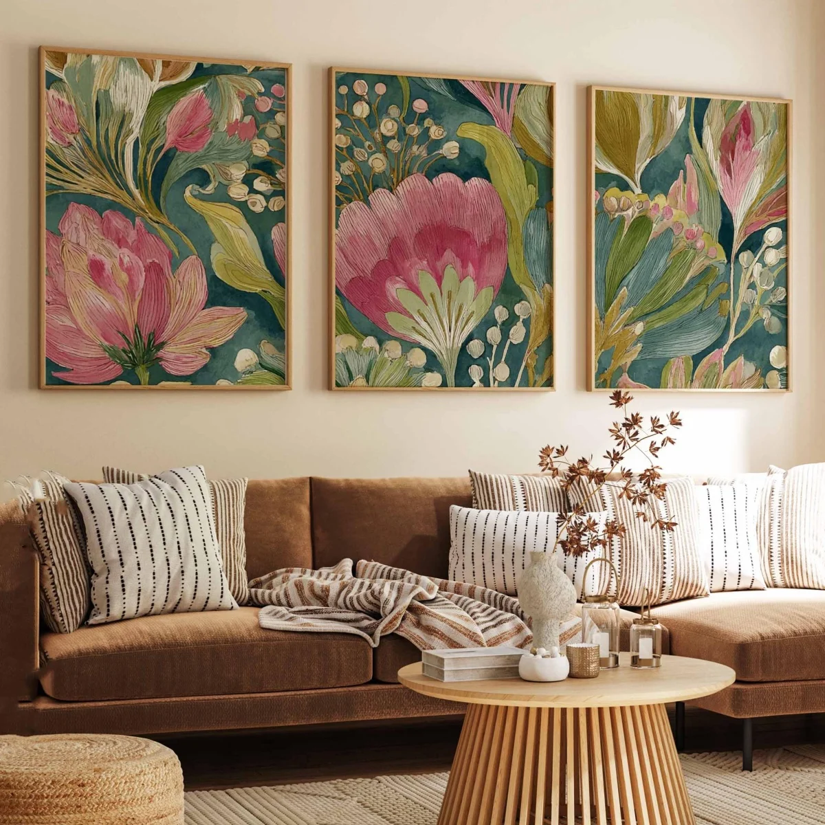 3-teiliges Set Vintage Protea Blumen-Leinwanddrucke Poster Grün und Rosa Botanische Kunstdrucke Wohnzimmer Wandkunst Heim-Dekor Poster