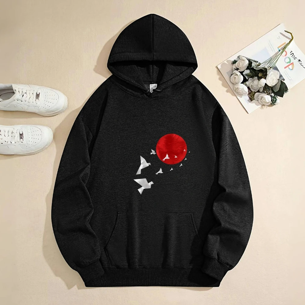 هوديي الطيور السلمية، نمط طيور الشمس الحمراء، كاجوال فضفاض بأكمام طويلة، ساحر، مريح، دافئ