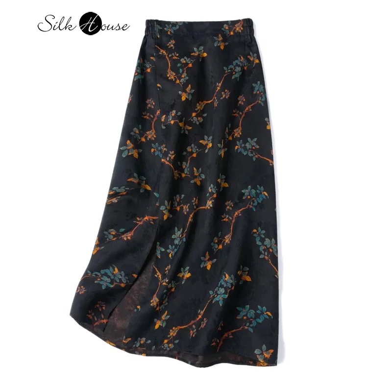 

Exquisite Hand-painted Jacquard 100% Natural Mulberry Silk Fragrant Cloud Gauze Elastic Waist Split Women's Hip Wrap Skirt