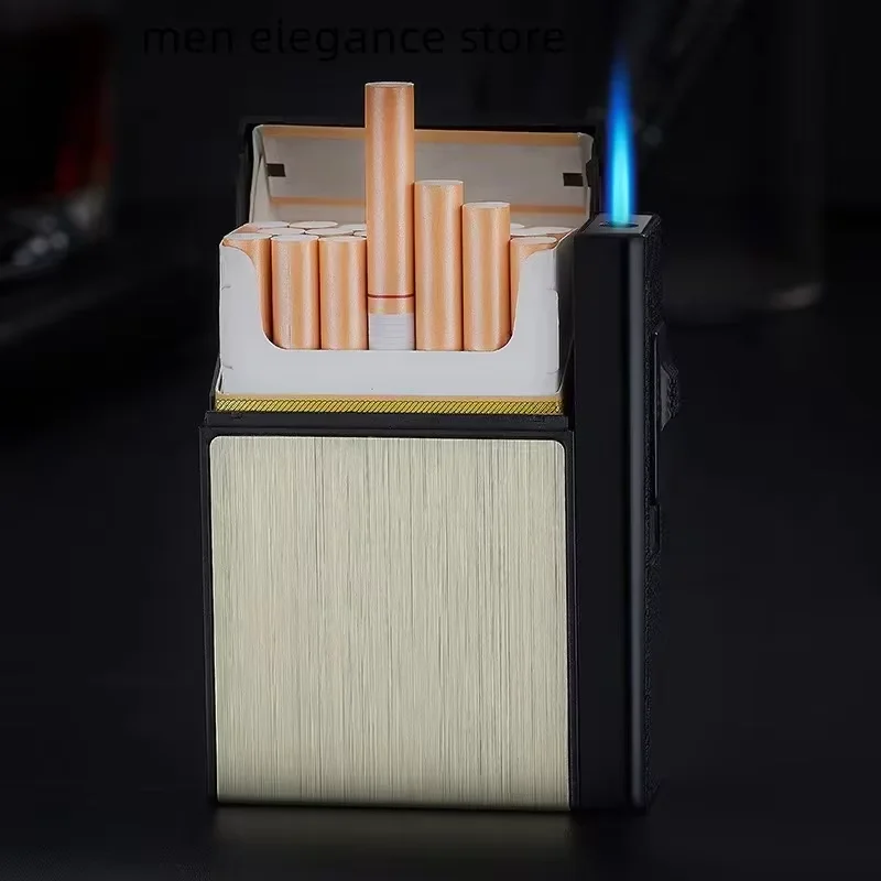 New Can Hold 20 New Metal Cigarette Case Flashlight USB Lighter Windproof Jet Rechargeable Gas Lighter Men's Gadget