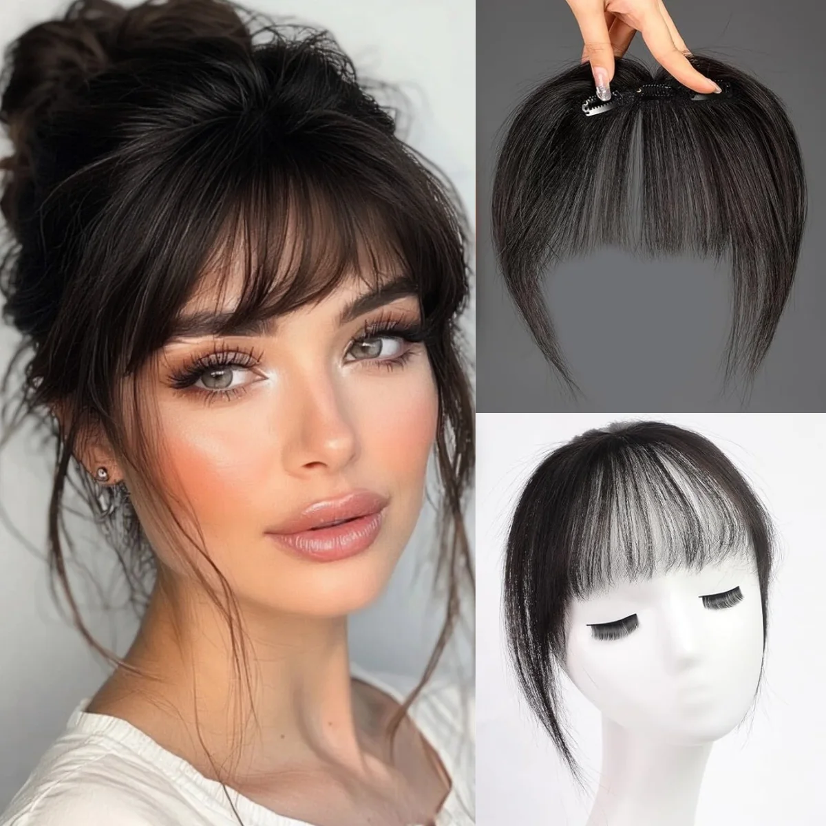 Black 100% Human Hair Bangs for Women Upgraded Clip in Air Wispy Fringe with Sideburns Blunt Cut Hairpiece Extensions for Daily