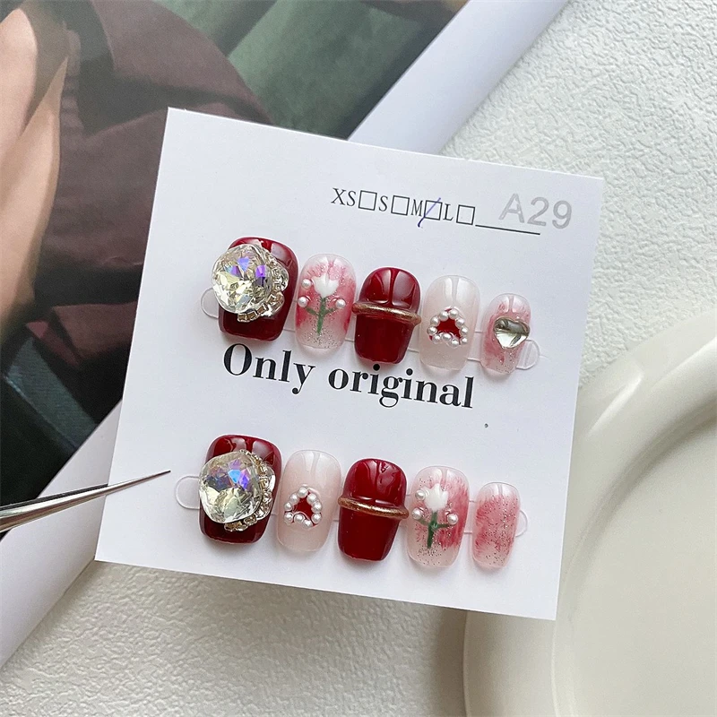 Handmade Red Press On Nails Reusable Adhesive Cute False Nails Shinning Manicure Larger Diamond Decoration Fingernail Wedding