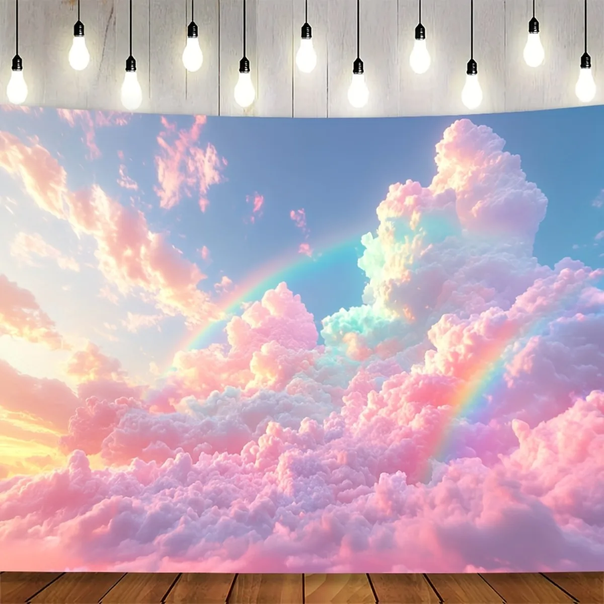 1 Stück bunter Wolken-Wandteppich zum Aufhängen – Doppeltes Regenbogen- und flauschiges Himmeldesign, verträumte Dekoration, Zimmer, Hochzeit, Party