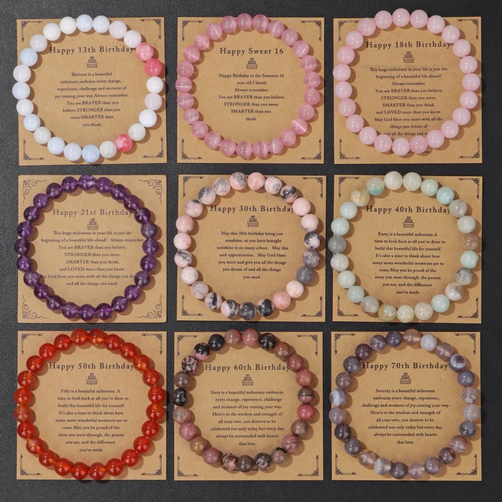 Wholesale Birthday Cards Bracelet Natural Stone Rose Quartz Amethysts Amazonite Beads Bracelets Women Men Lucky Jewelry Gift