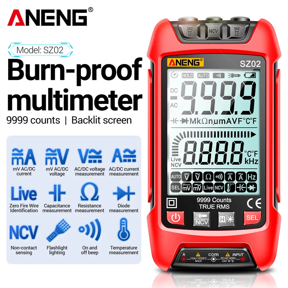 

ANENG SZ02 Digital Multimeter Transistor Smart Testers 9999 Counts True RMS Auto Electrical Capacitance Meter Temp Resistance