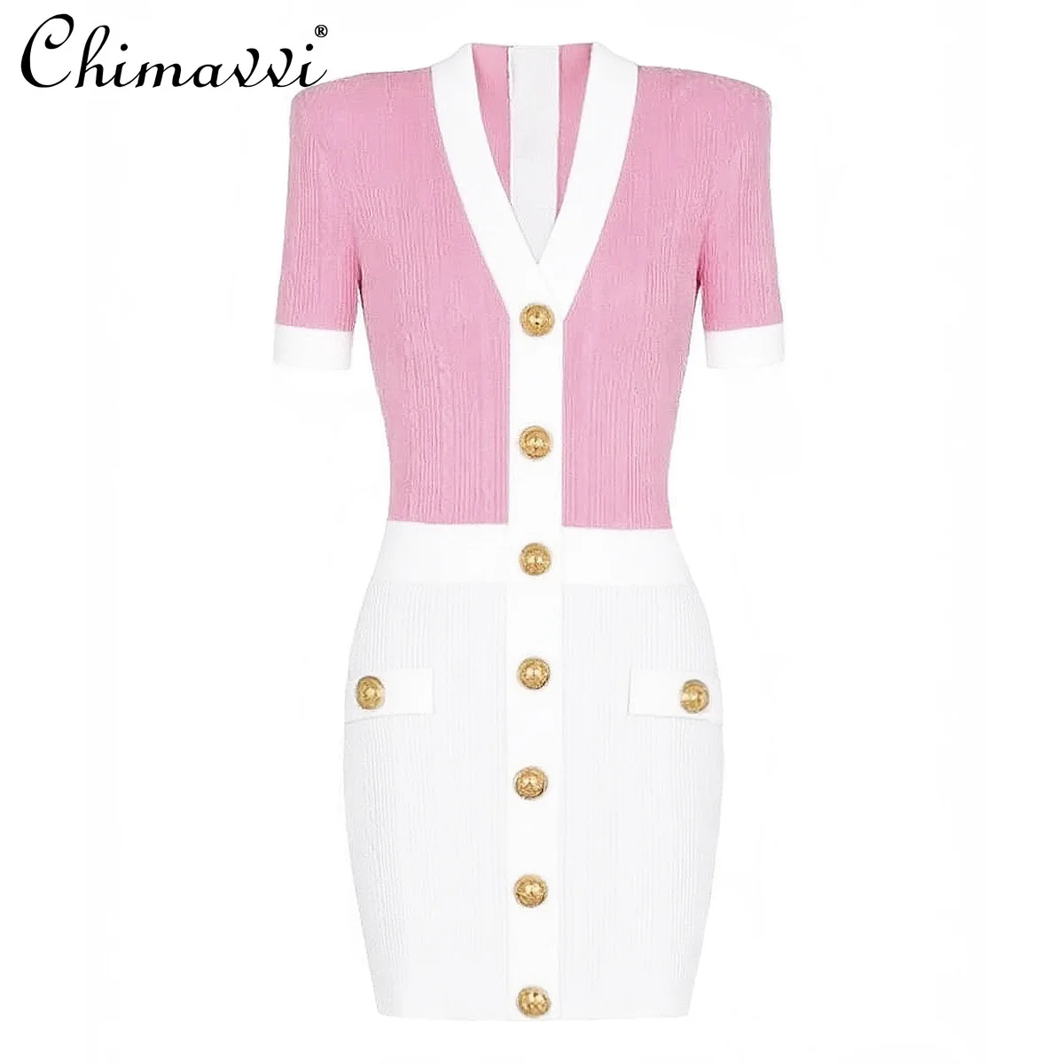 

2025 Summer Clothes New Fashion Short-sleeved V-neck Knitted Dress Commuter Temperament Versatile Slim Classic Hip Dresses