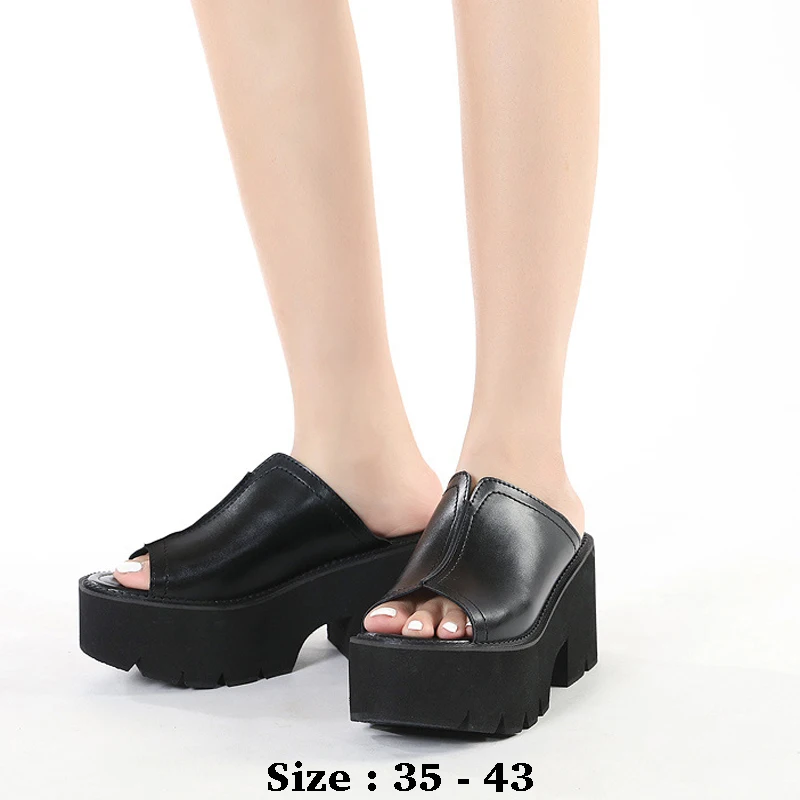 

High quality summer thick soles leather sandals for women 8cm high heel new 2025 35 43 platform open toe fashion shoe black