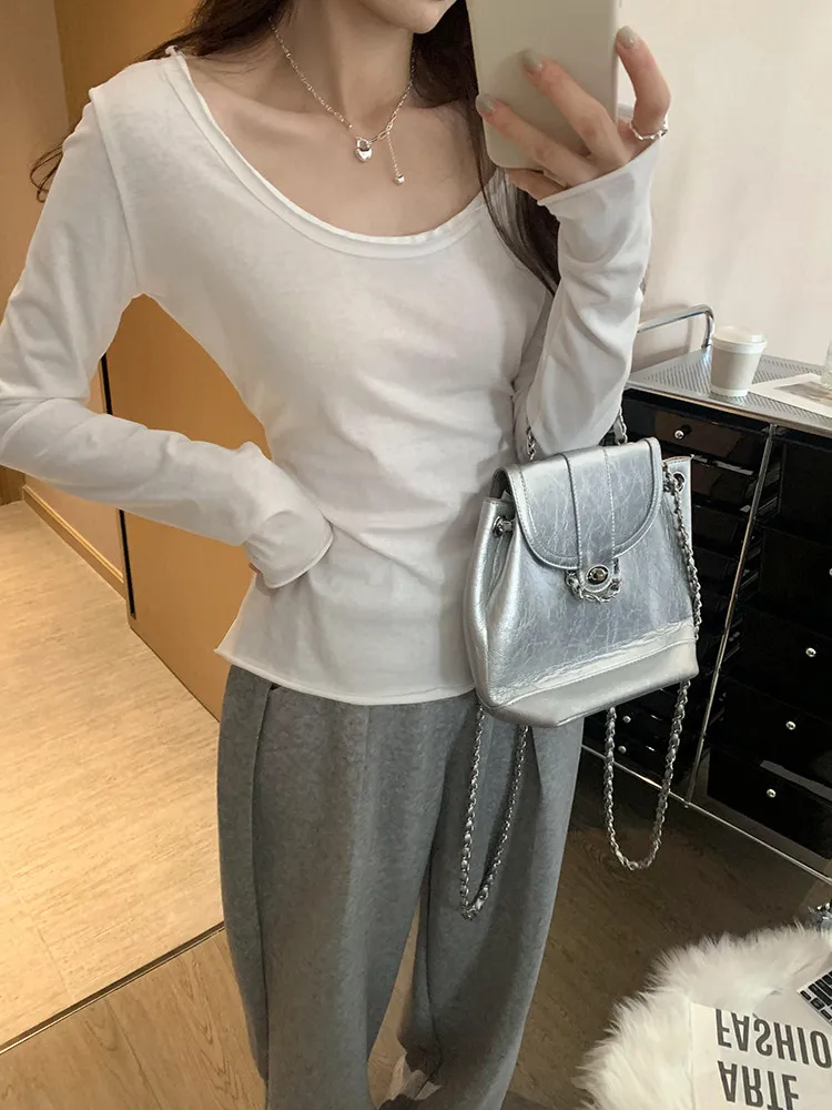 Slim Fit Long Sleeve White Base Shirt Women's Inner Wear Thin Style Spring Autumn New Arrival T-Shirt Korean Style Commute Fa...