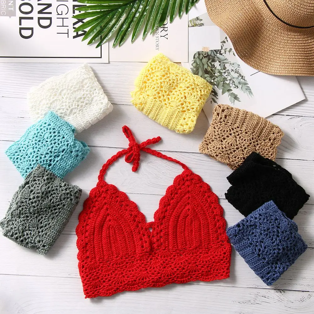 

Женское летнее сексуальное бикини кроше, кроп-топ, пляжные майки в стиле бохо, вязаный бюстгальтер без косточек, бюстгальтер с лямкой на шее, праздничная пляжная одежда