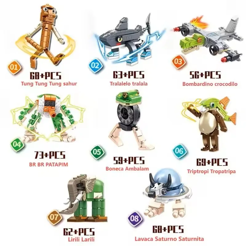 Brainrot Tung Tung Sahur أرقام Tralalero Tralala اللبنات عصا خشبية الناس الحيوانات الطوب لعب للأطفال طفل هدية #2