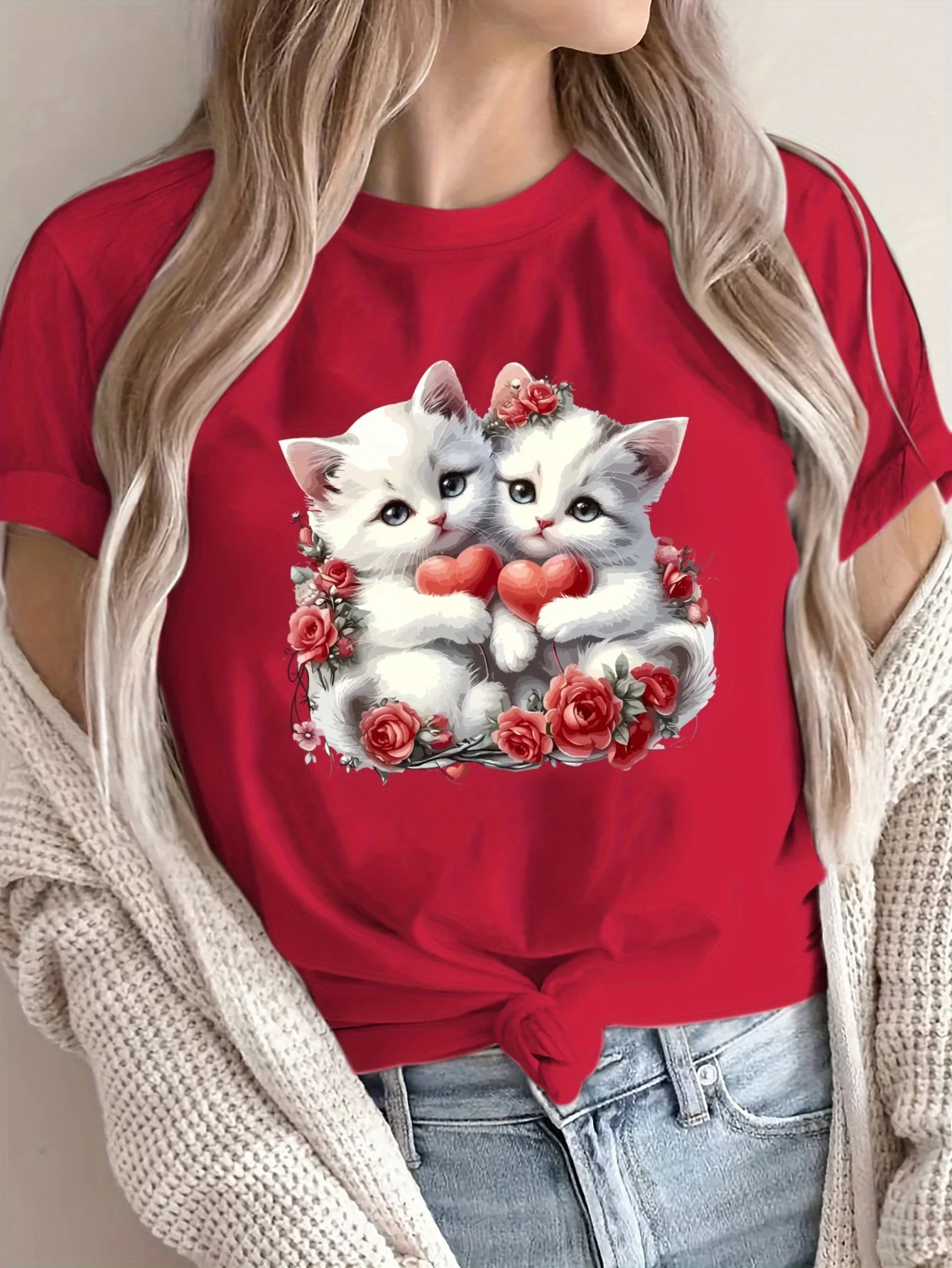 Valentine's Day Kitten New Women's Tshirt Summer Edition Round Neck Short Sleeve Comfortable Breathable Fabric Casual Soft Style