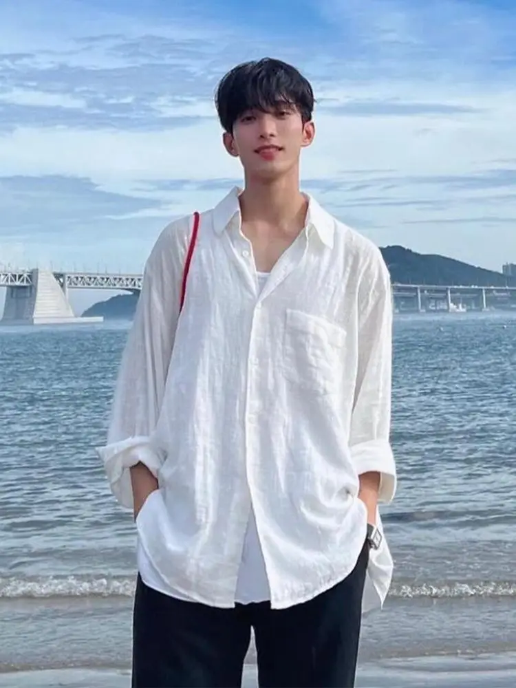 Men's White Long Sleeve Shirt Summer Loose Fit Casual Sun Protection Top 2026 Relaxed Style Lightweight Breathable Jacket