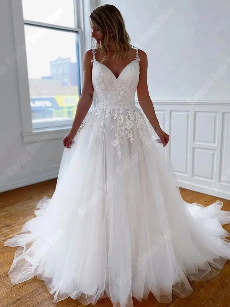 Deep V-Neck Women Wedding Dresses Flower Shoulder Strap Tulle Surface A-Line Gowns Newest Mopping Length Bright Princess Robes