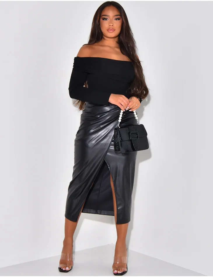 Women's High Waist Artificial Leather Casual Mini Pencil Skirt PU Split Irregular Skirt Mid length Hip Skirt 2024