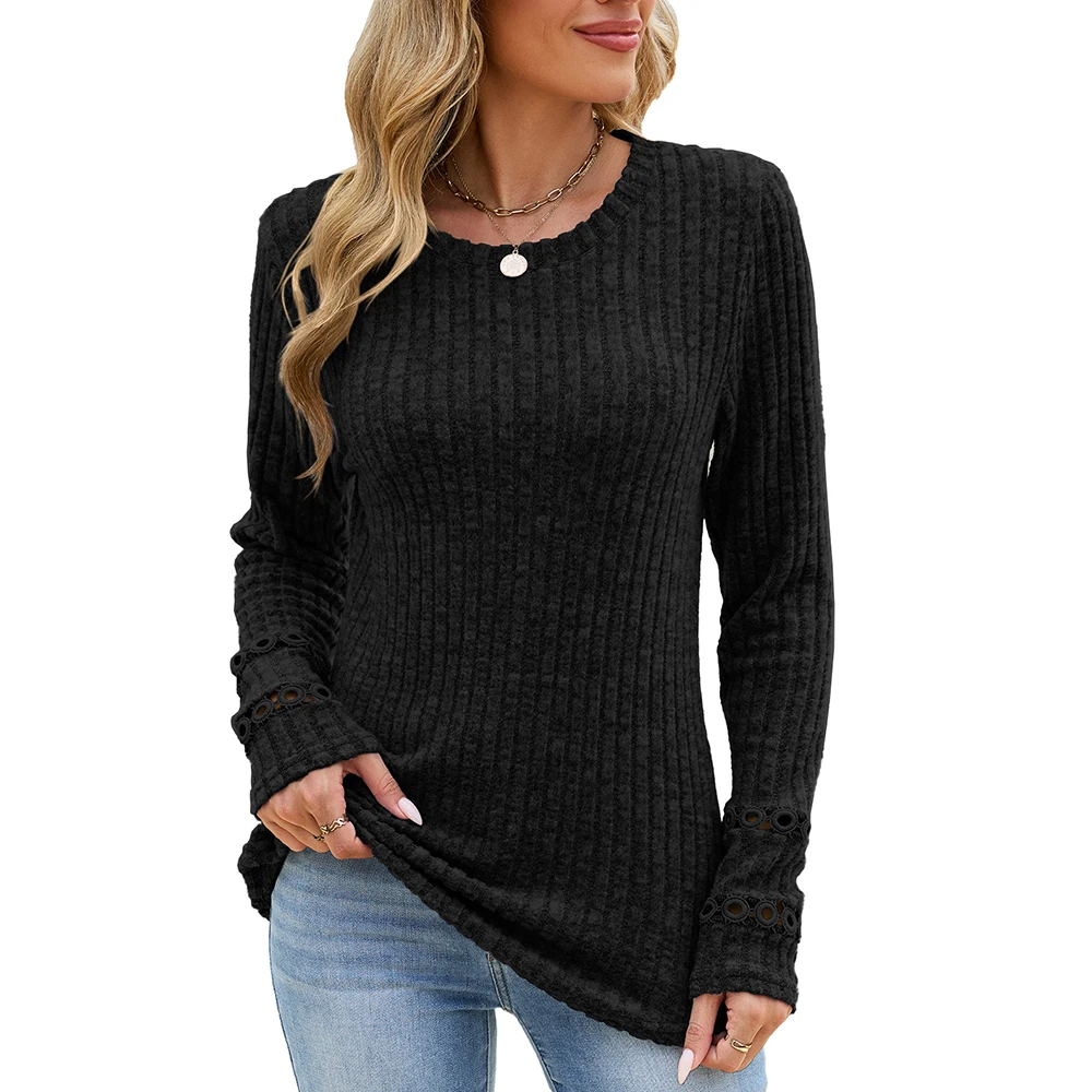 Women\\\'s Comfort Focused Brushed Polyester Top Round Neck Ruffle Detail Loose for Fit Long Sleeves for Seasonal Warm Weather