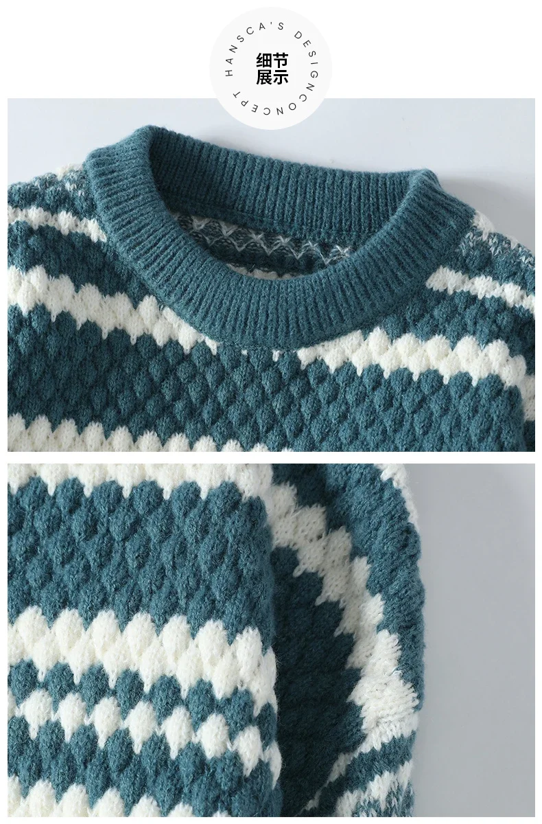 Осень-зима, новый мужской свободный пуловер, мужской облегающий модный вязаный свитер, мужской толстый теплый пуловер, свитера в полоску в стиле ретро