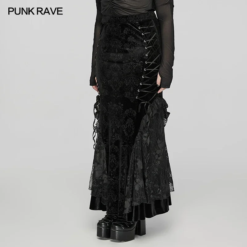 PUNK RAVE Women's Gothic Gorgeous Embossed Velvet Fish Tail Skirt Plum Blossom Eyelets Drawstring Mysterious Party Long Skirts