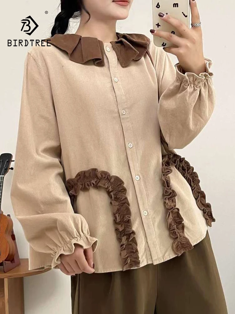 

Новинка 2025, осенняя хлопковая вельветовая рубашка с длинными рукавами, женская свободная блузка с отложным воротником и оборками, французская ретро-блузка Mori Girl T5O559CC