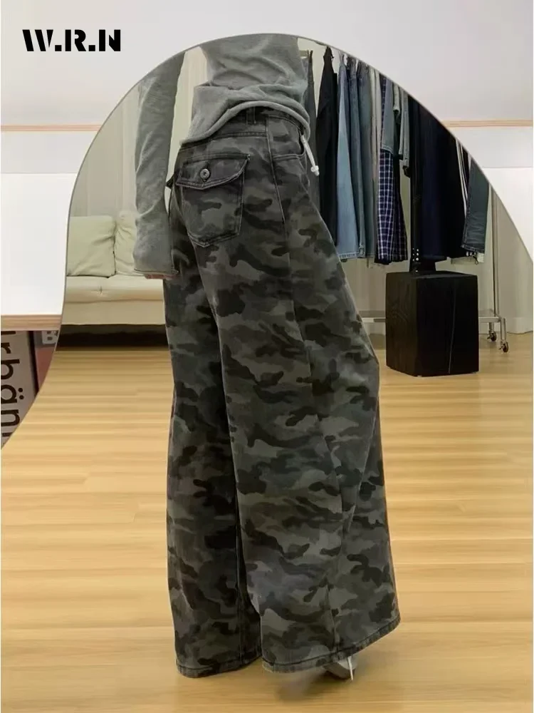 Women's Y2K Camouflage 2000s Denim Trouser Washed Classic Emo Pants Grunge High Street Retro Vintage Casual Trashy Jeans