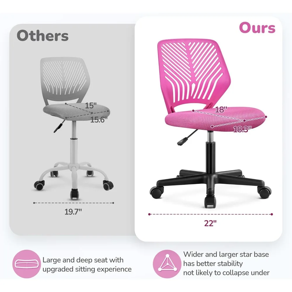 كرسي دراسة لطيف بدون ذراع منخفض الظهر مع دعم قطني كرسي مكتب دوار قابل للتعديل للطلاب في المنزل وغرفة النوم والمدرسة، أحمر وردي #5