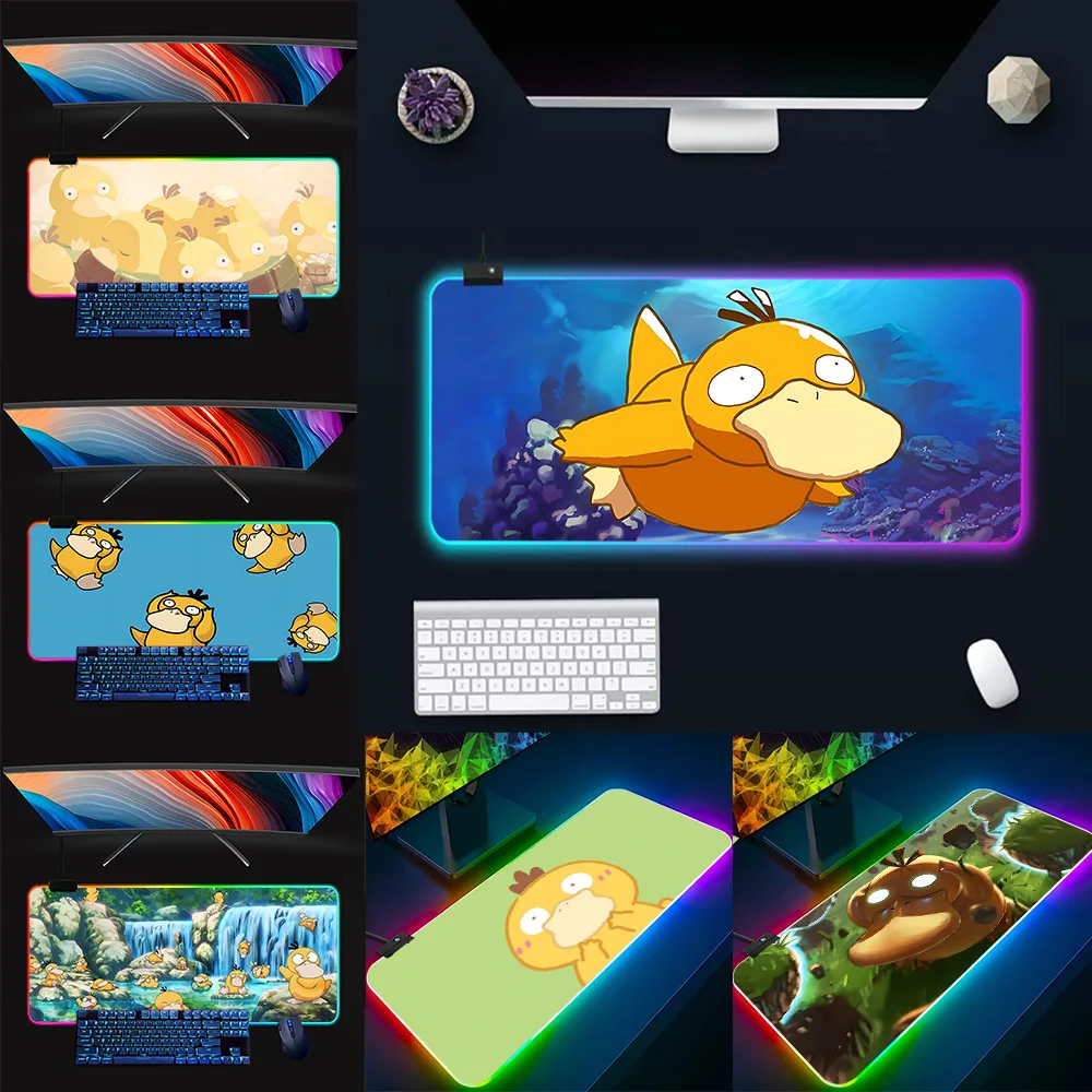 Cartoon anime Psyducks RGB Pc Gamer Keyboard Mouse Pad Mousepad LED Glowing Mouse Mats Rubber Gaming Computer Mausepad