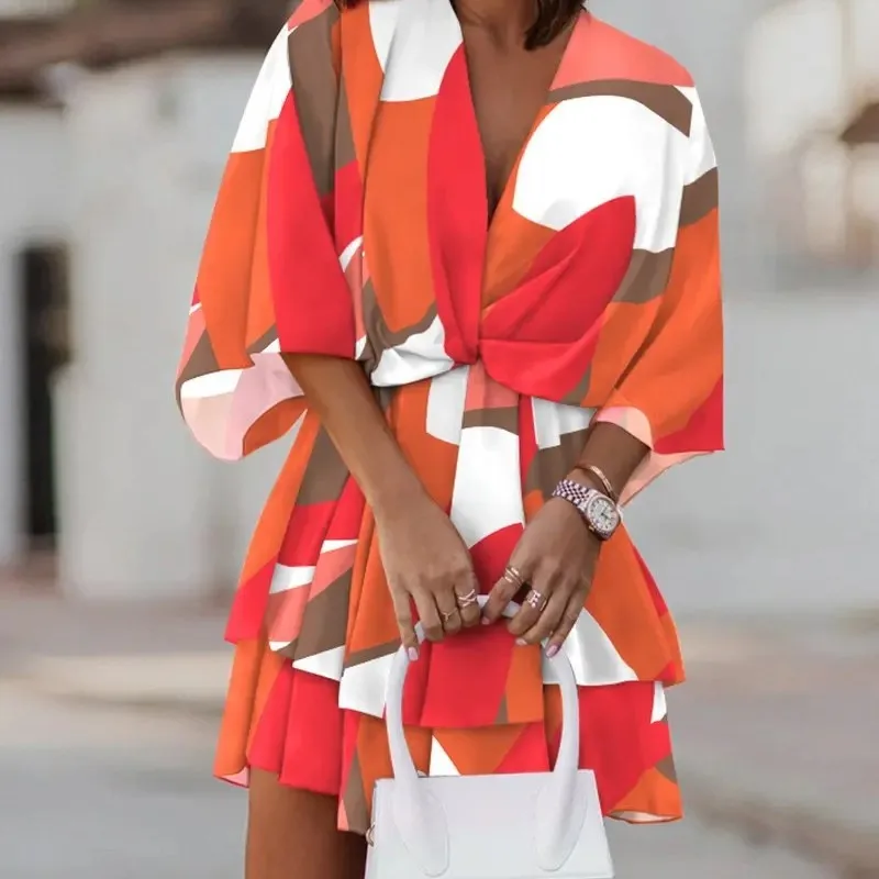 

2025 Women's New Deep V-neck Loose Bat Sleeve Plant Printed Splicing Short Dress For Beach Vacation And Leisure Beach Skirt