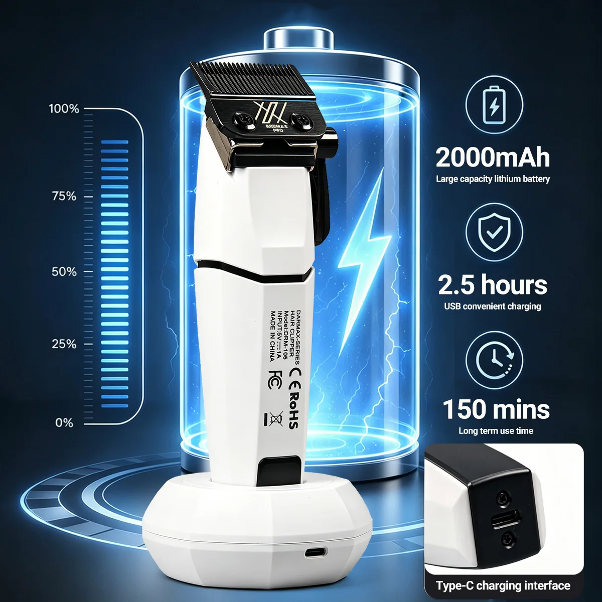 Herren-Haarschneider Professioneller Haarschneider 8000 U/min Neues DRM-105 Fade Blade BRDMAX Pro Salon Friseur Elektrische Maschine mit Ladestation – Detail 5