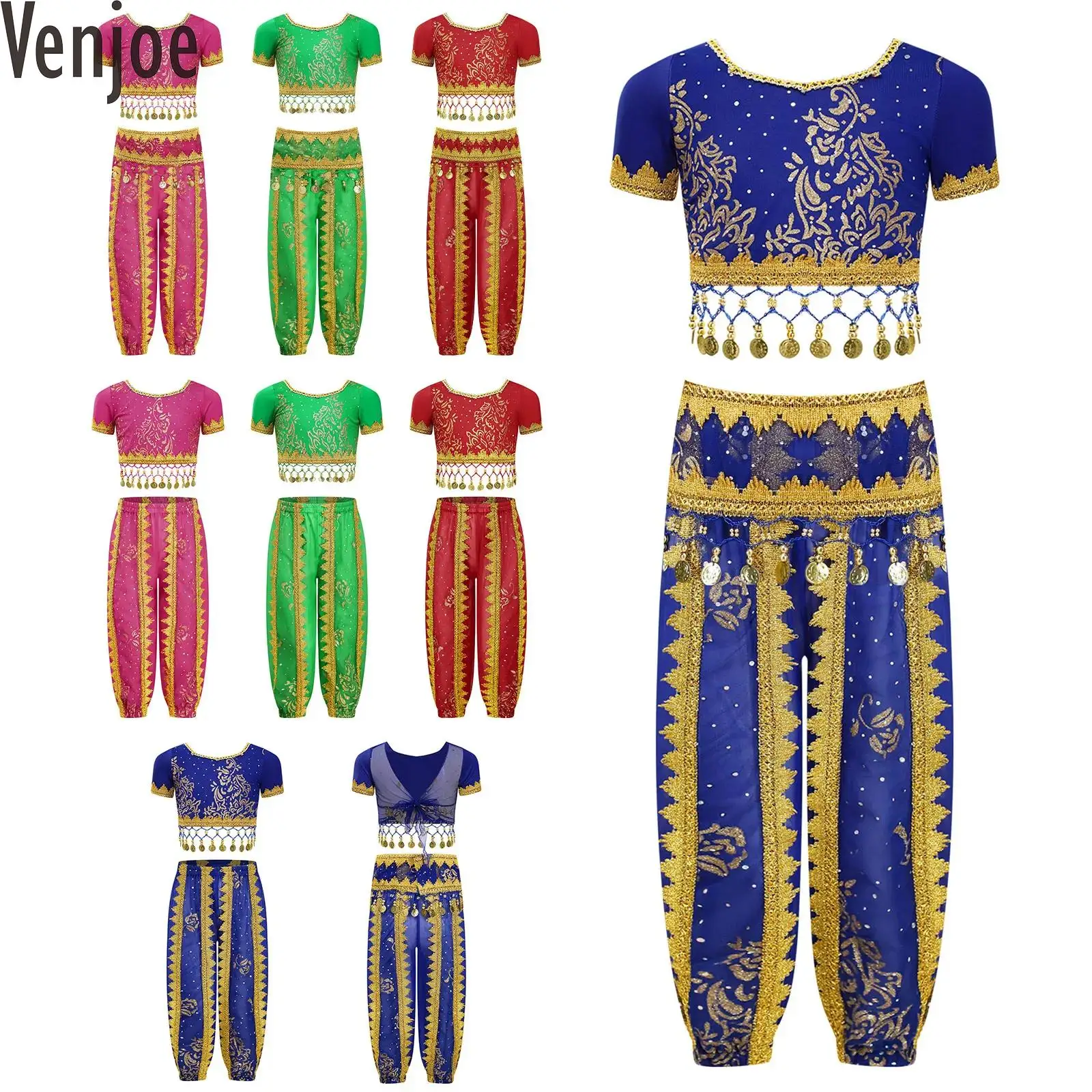 Kids Girls Belly Dance Outfits Shiny Floral Short Sleeve Lace-Up Back Sequin Tassels Crop Top with Bloomers Pants Waist Chain