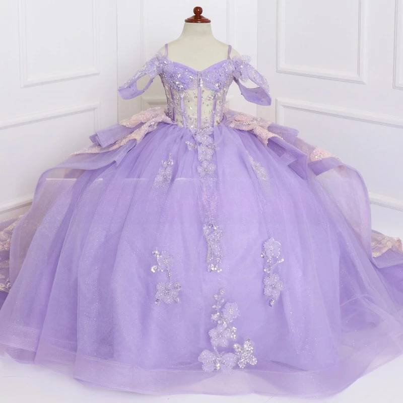 New Children Birthday Party Purple Off Shoulder Waist Tutu Fashion Wedding Flower Girl Costume Elegant Kids Girls Formal Dress