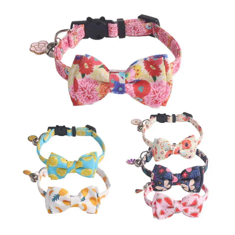 Fruit Collar for Small Cat Bowknot Printed Gato Collier Chain Bow Cute Puppy Kitten Collars Pet Dog Necklace with Bell Pendent