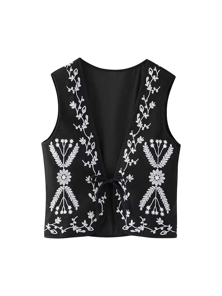 

TRAFZA Fashion Contrast Color Positioning Embroidery Elegant Women's Loose Padded Vest Women's Winter Street Vest Short Top