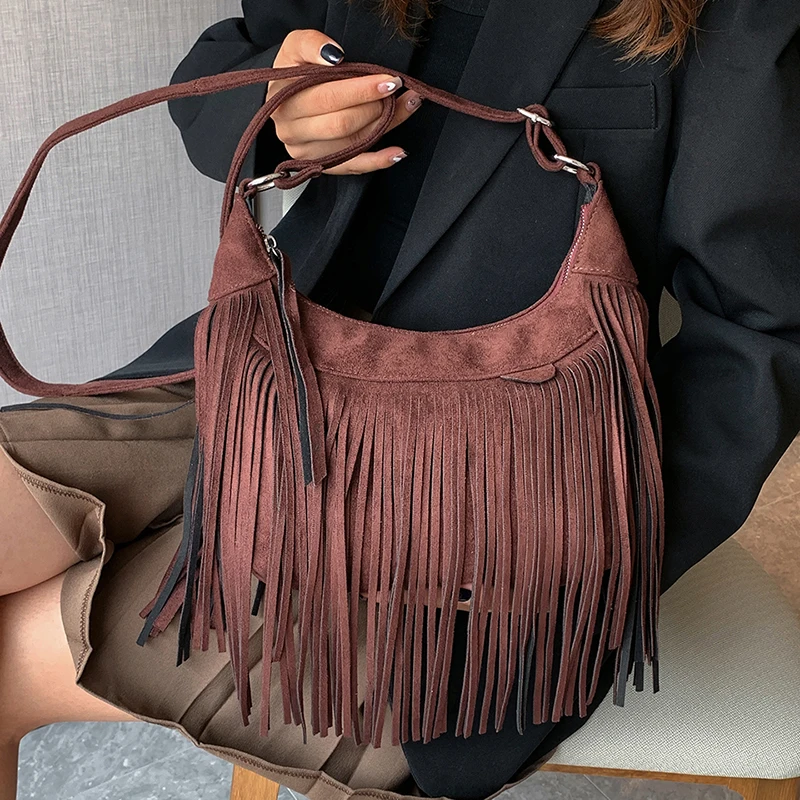 Fashion Tassel Shoulder Bag for Women High Quality Deerskin Armpit Bag Women Retro Purse Crossbody Bag Bohemian Handbag Satchel